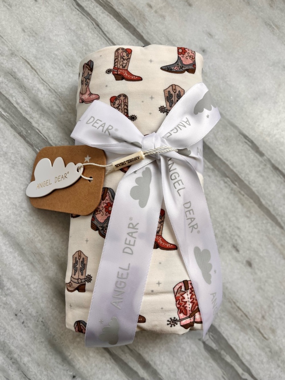 Angel Dear Cream Swaddle with Red & Tan Cowboy Boot Print